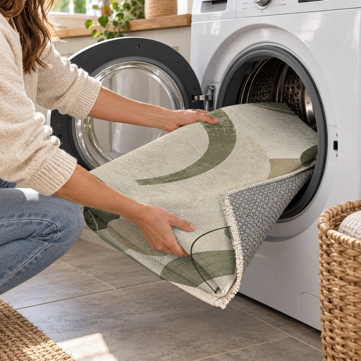 Orbit Rhythm Sage Sand Modern Washable Rug — washing machine