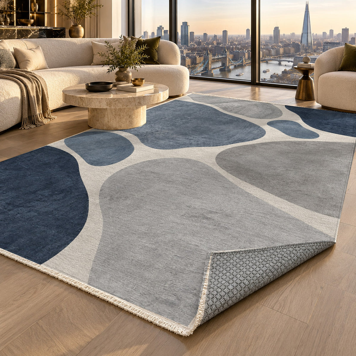 Organic Islands Blue Grey Modern Washable Rug — london luxury living