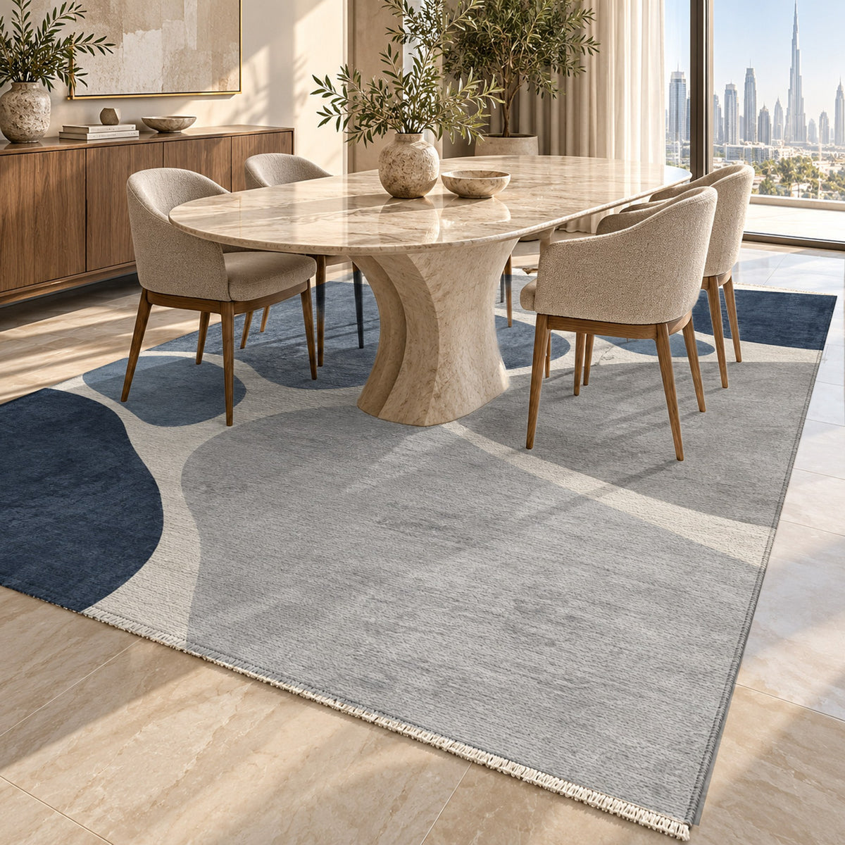 Organic Islands Blue Grey Modern Washable Rug — dubai dining