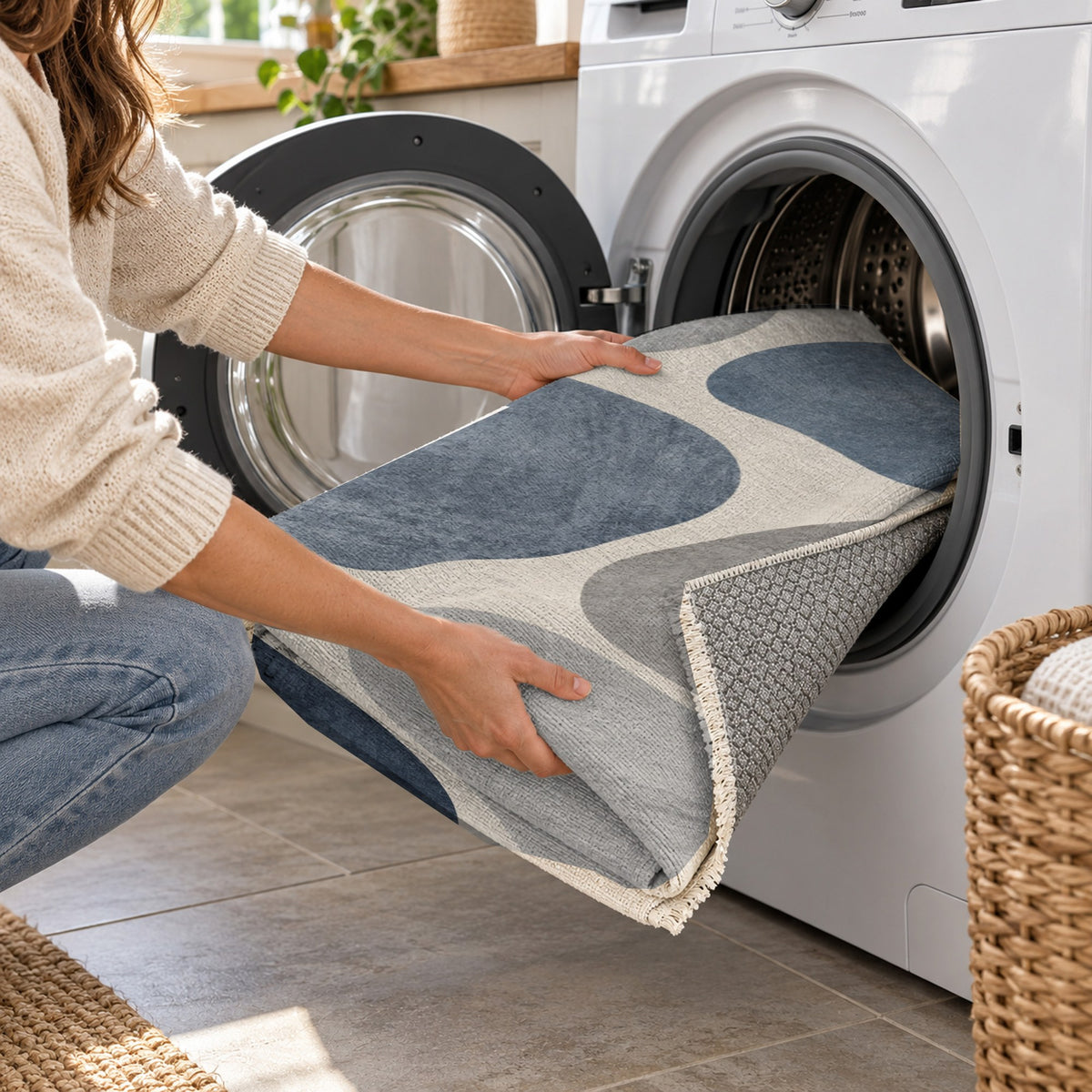 Organic Islands Blue Grey Modern Washable Rug — washing machine