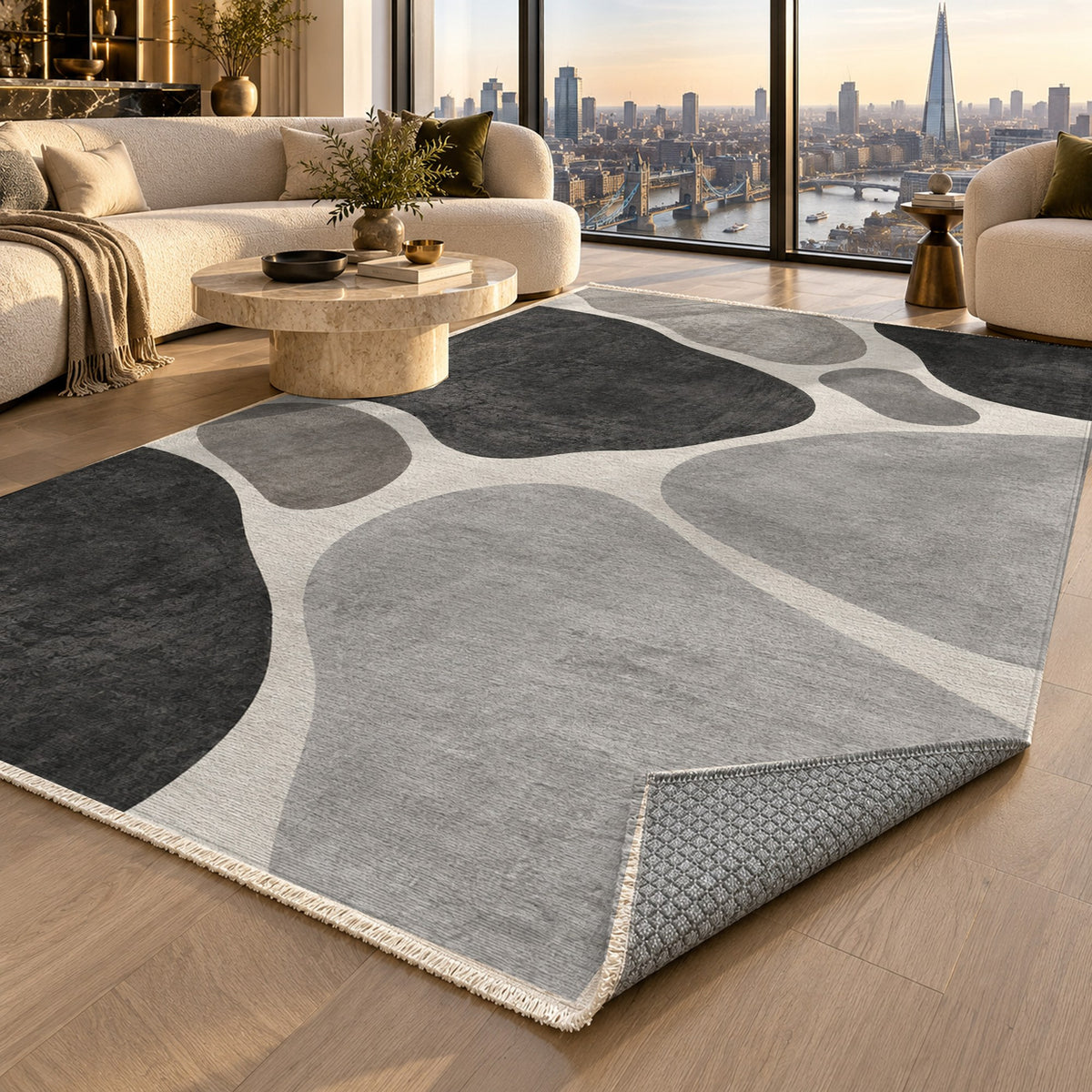 Organic Islands Charcoal Ivory Modern Washable Rug — london luxury living
