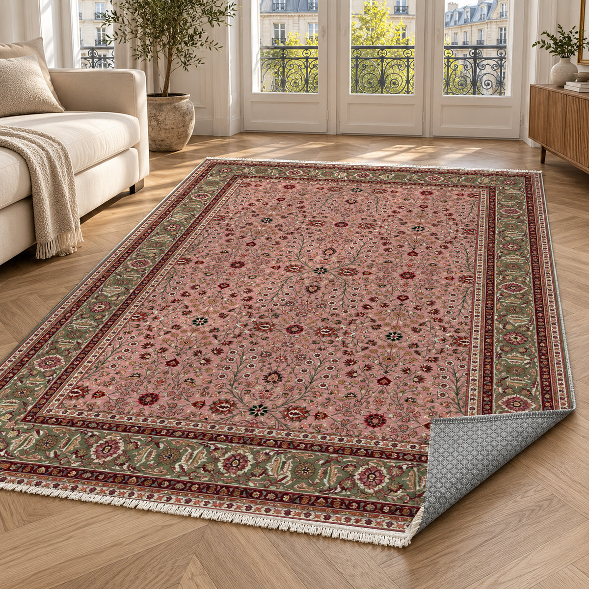 Ornamental Floral Blush Sage Classic Washable Rug — paris living