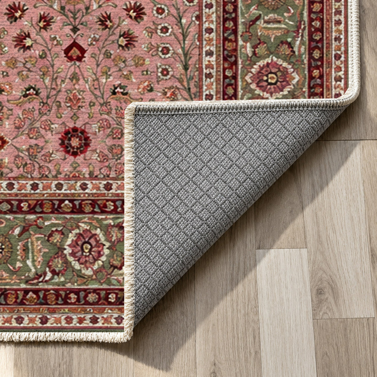 Ornamental Floral Blush Sage Classic Washable Rug — backing close up