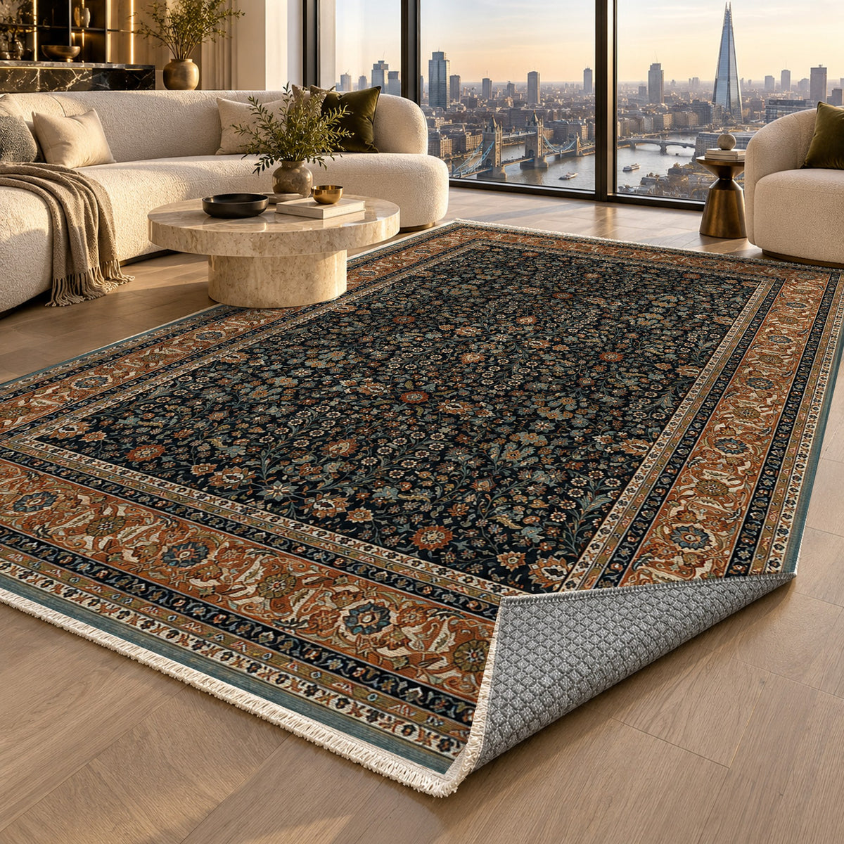Ornamental Floral Charcoal Copper Classic Washable Rug — london luxury living