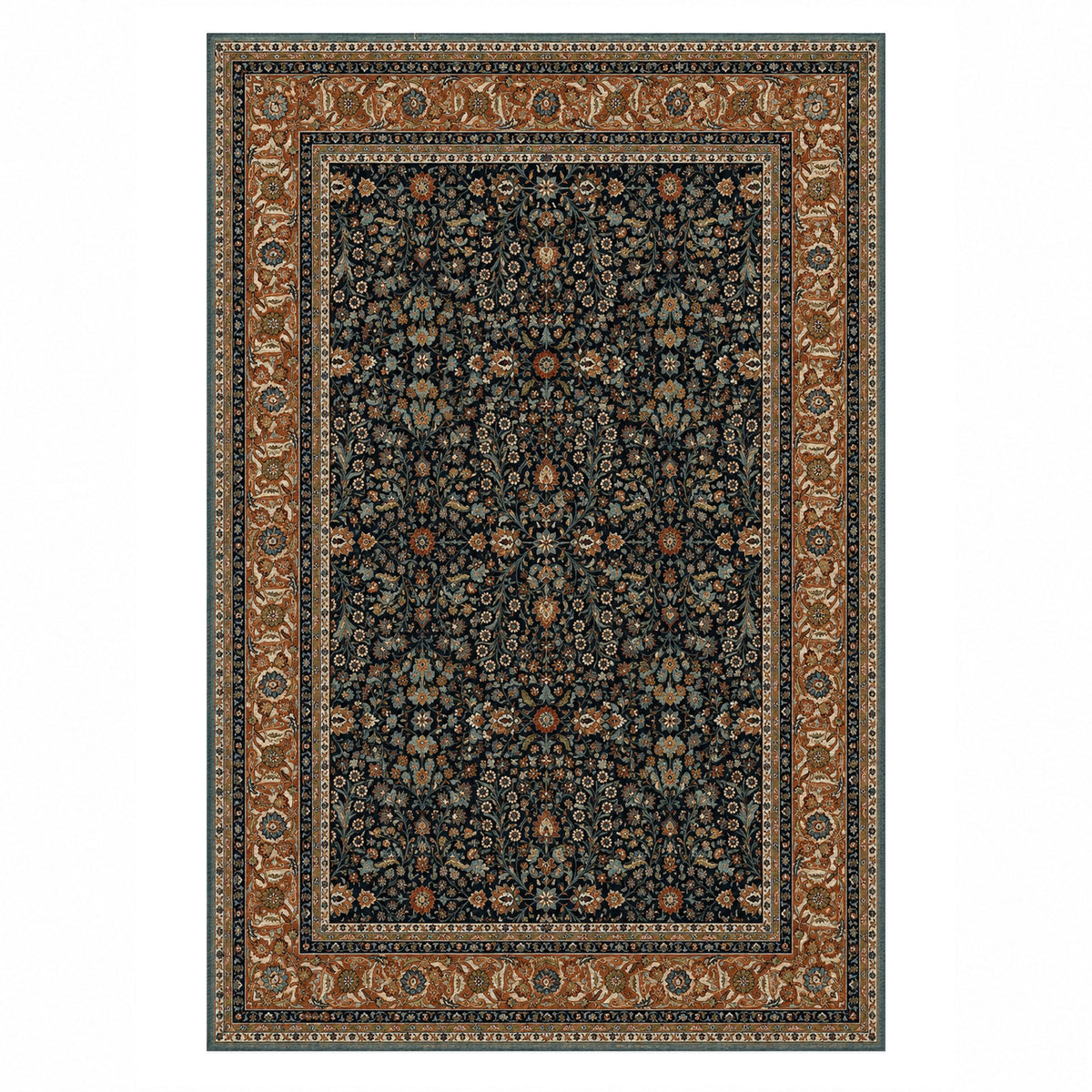 Ornamental Floral Charcoal Copper Classic Washable Rug — top view