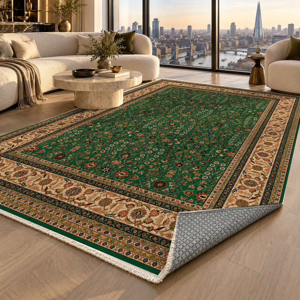 Ornamental Floral Emerald Sand Classic Washable Rug — london luxury living