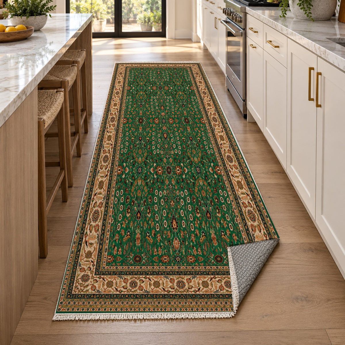 Ornamental Floral Emerald Sand Classic Washable Rug — new york kitchen runner