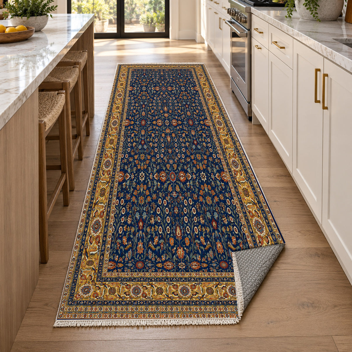 Ornamental Floral Indigo Saffron Classic Washable Rug — new york kitchen runner