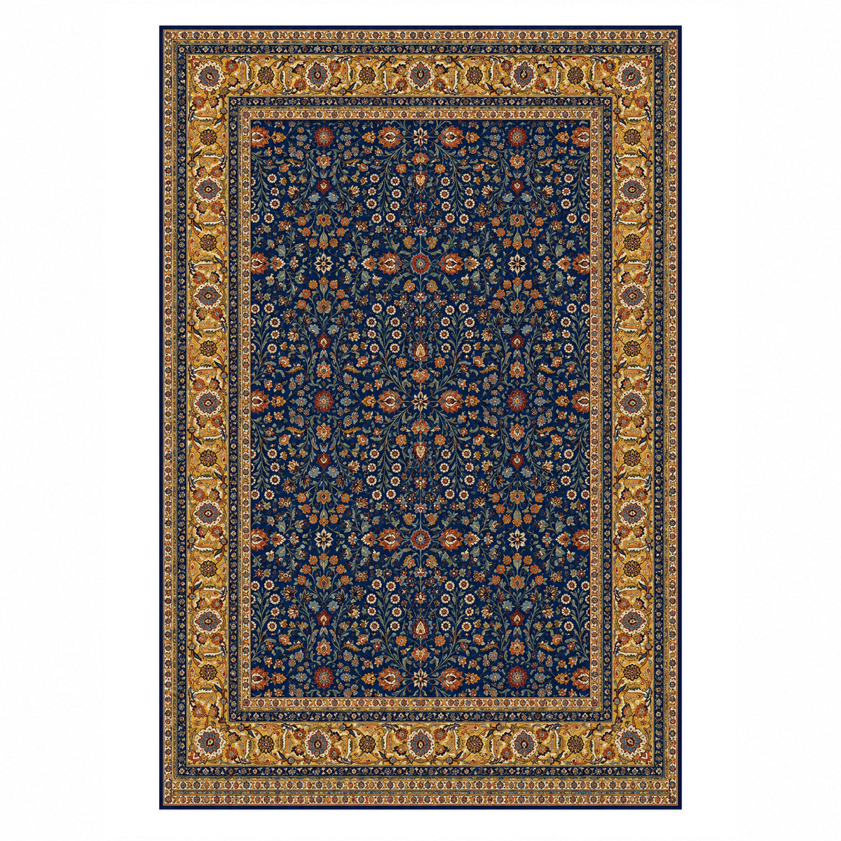 Ornamental Floral Indigo Saffron Classic Washable Rug — top view