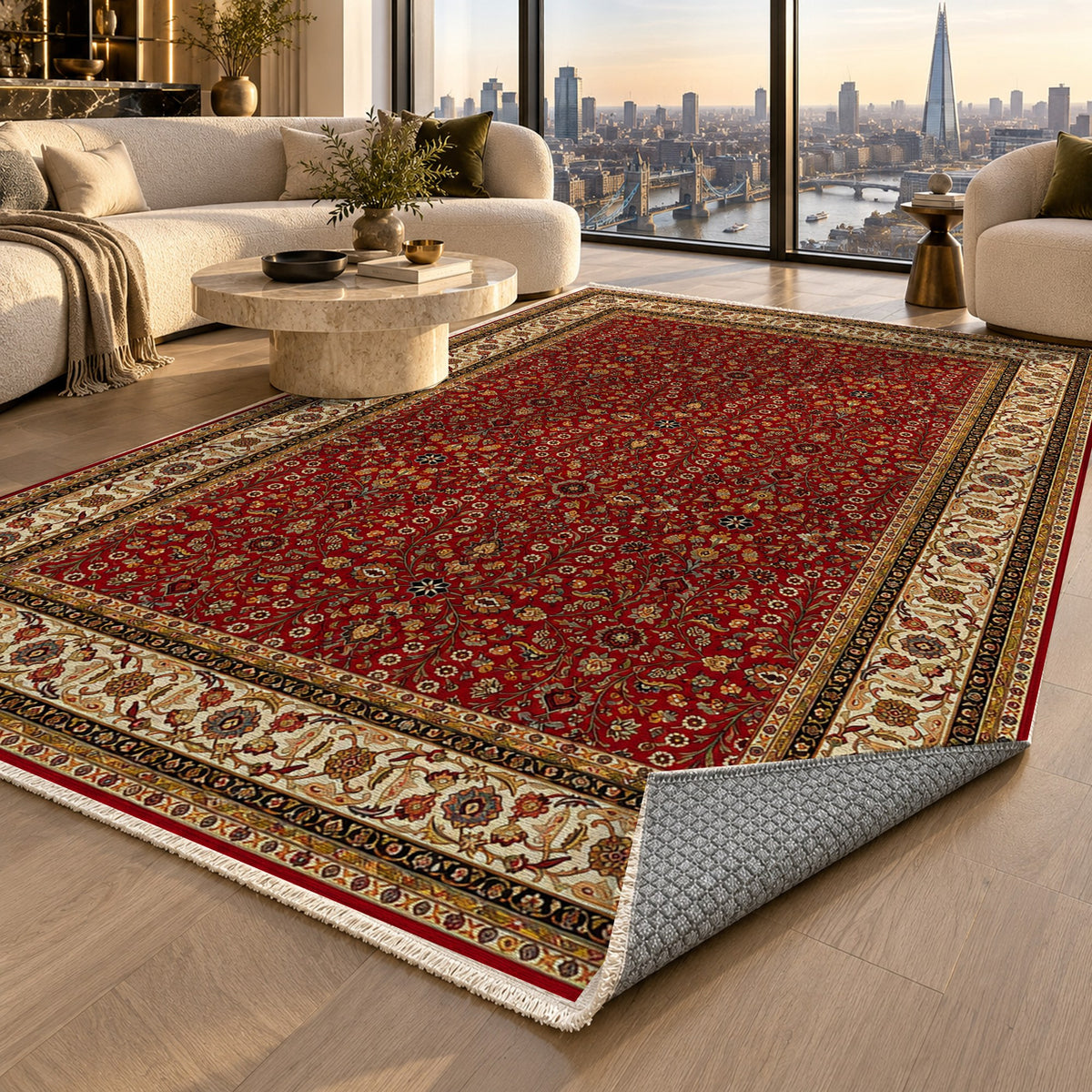 Ornamental Floral Ruby Ivory Classic Washable Rug — london luxury living