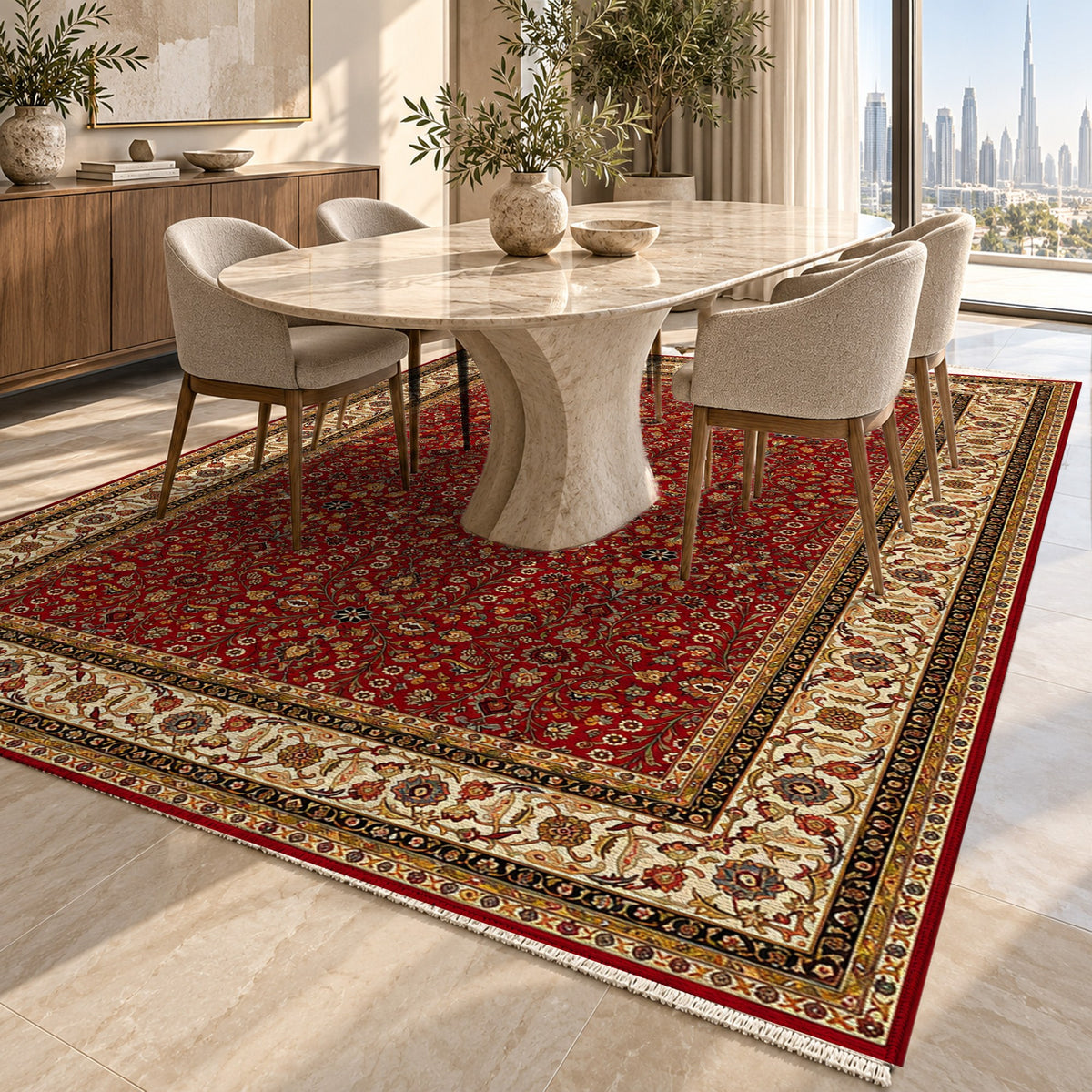 Ornamental Floral Ruby Ivory Classic Washable Rug — dubai dining