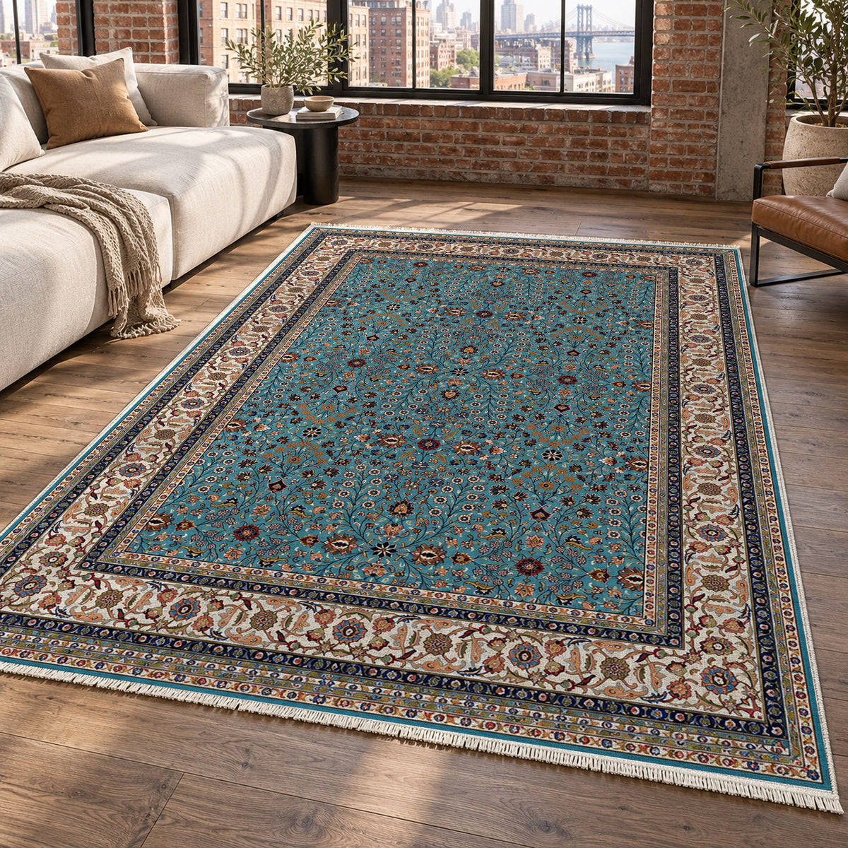 Ornamental Floral Teal Ivory Classic Washable Rug — new york living