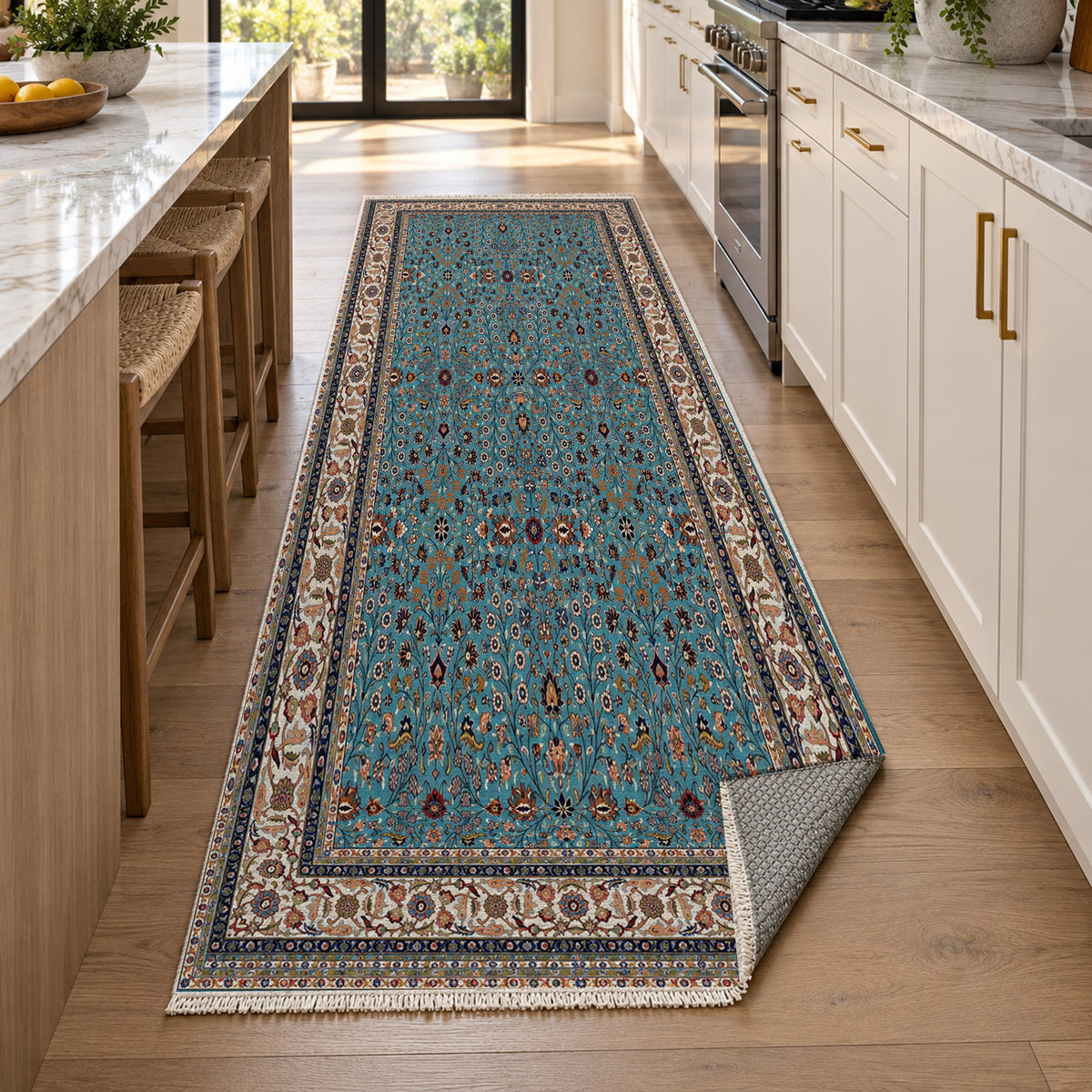 Ornamental Floral Teal Ivory Classic Washable Rug — new york kitchen runner