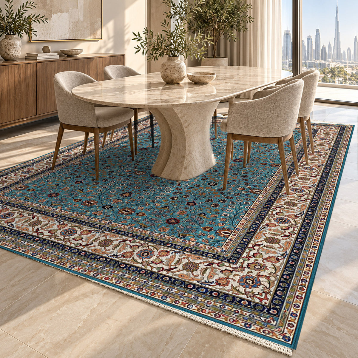 Ornamental Floral Teal Ivory Classic Washable Rug — dubai dining