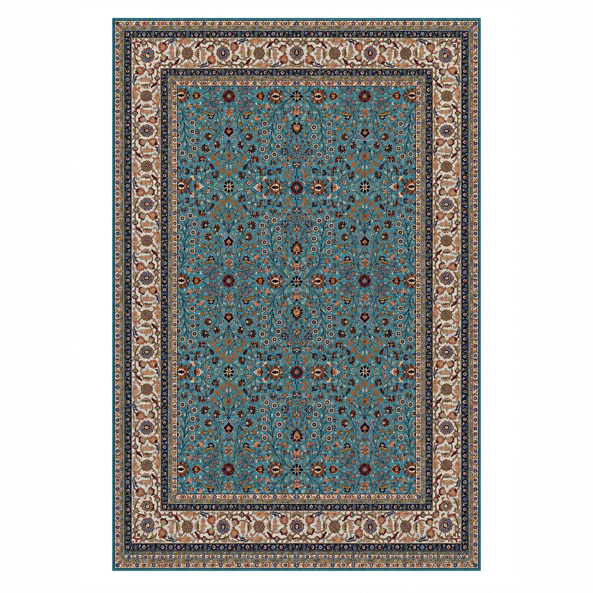 Ornamental Floral Teal Ivory Classic Washable Rug — top view