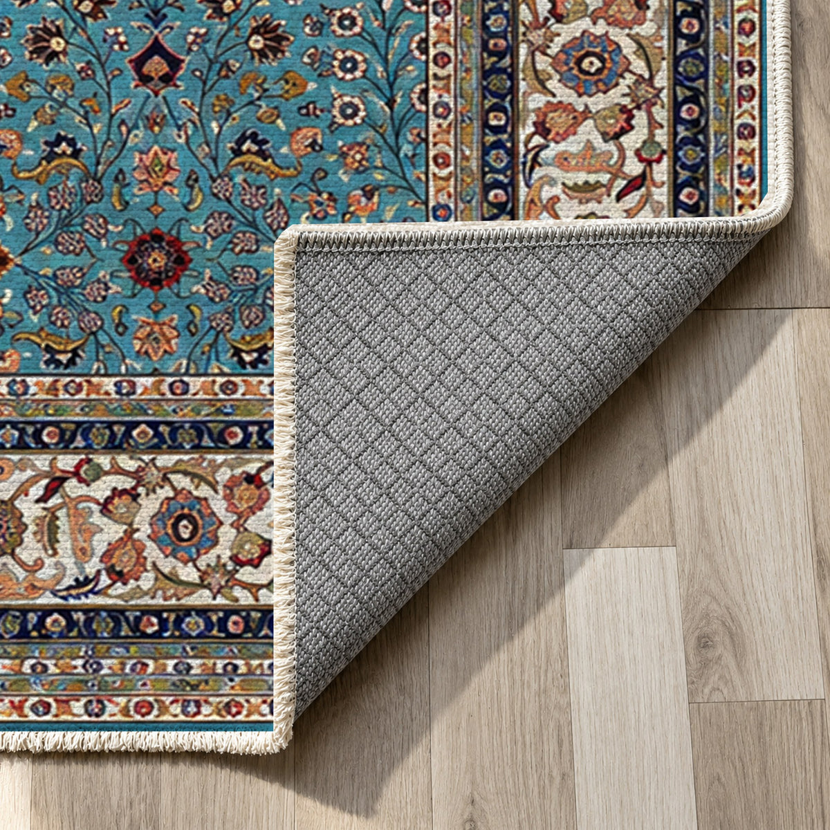 Ornamental Floral Teal Ivory Classic Washable Rug — backing close up