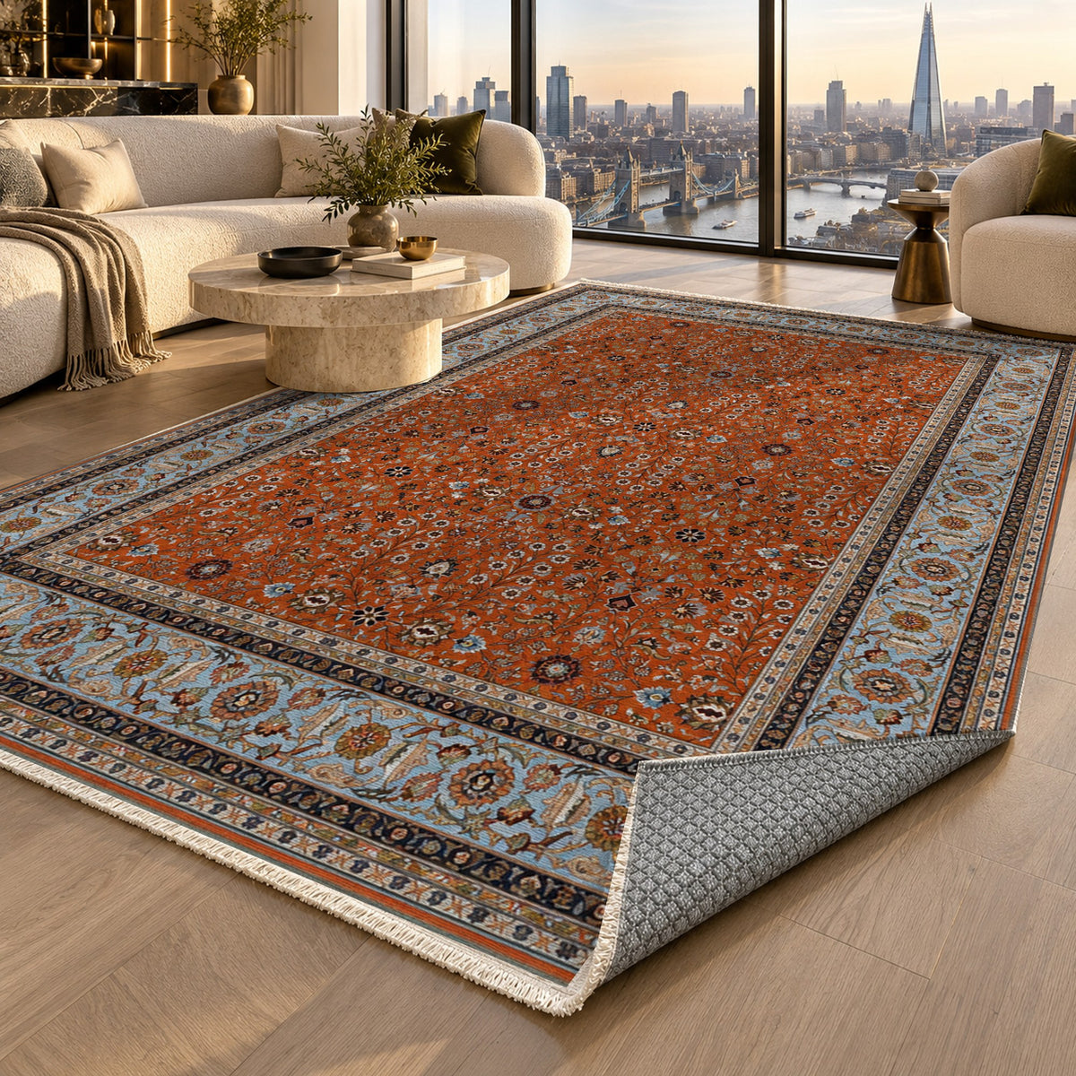 Ornamental Floral Terracotta Sky Classic Washable Rug — london luxury living