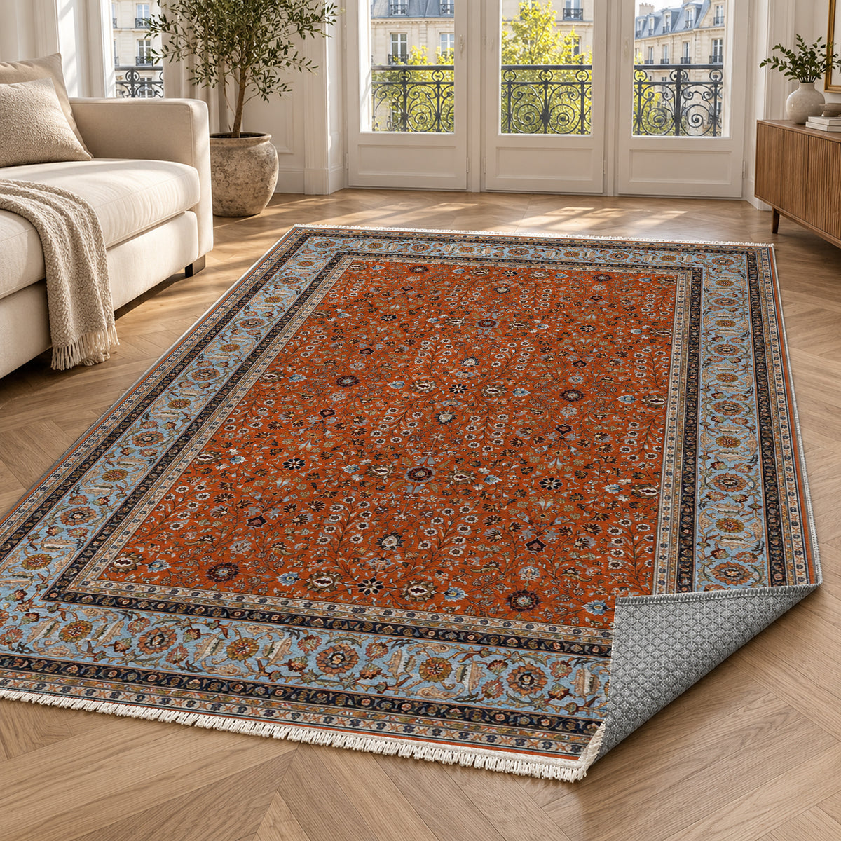 Ornamental Floral Terracotta Sky Classic Washable Rug — paris living