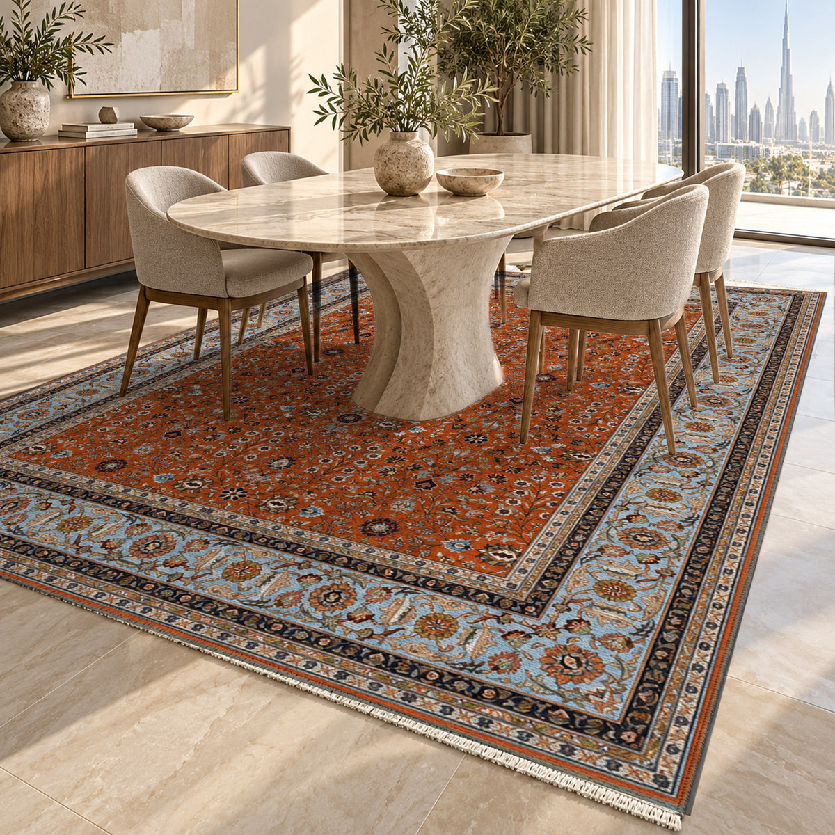 Ornamental Floral Terracotta Sky Classic Washable Rug — dubai dining
