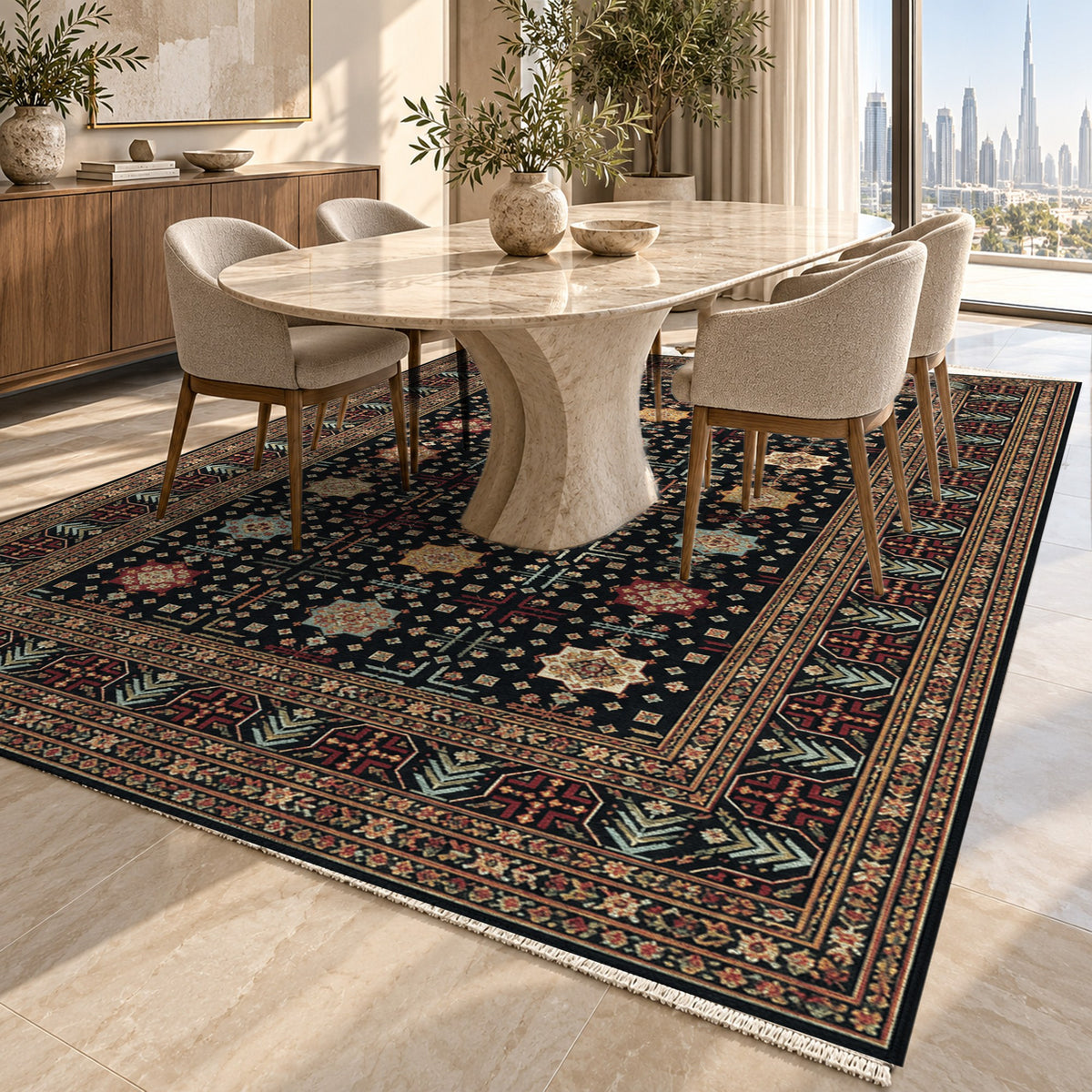 Ornamental Geometric Black Jewel Ethnic Washable Rug — dubai dining