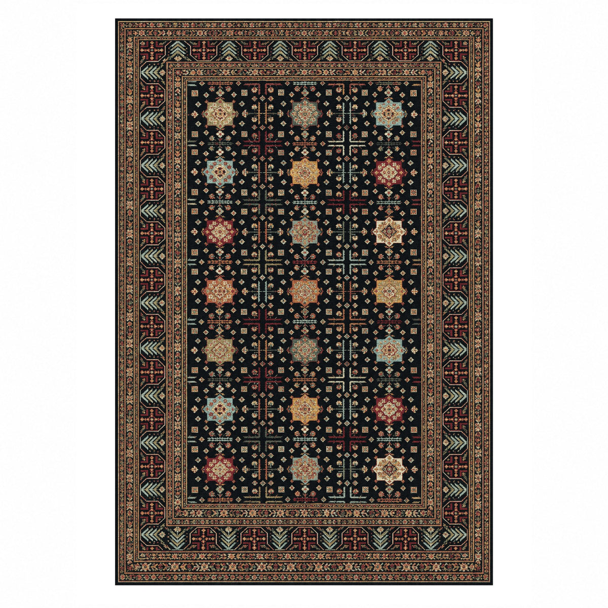Ornamental Geometric Black Jewel Ethnic Washable Rug — top view