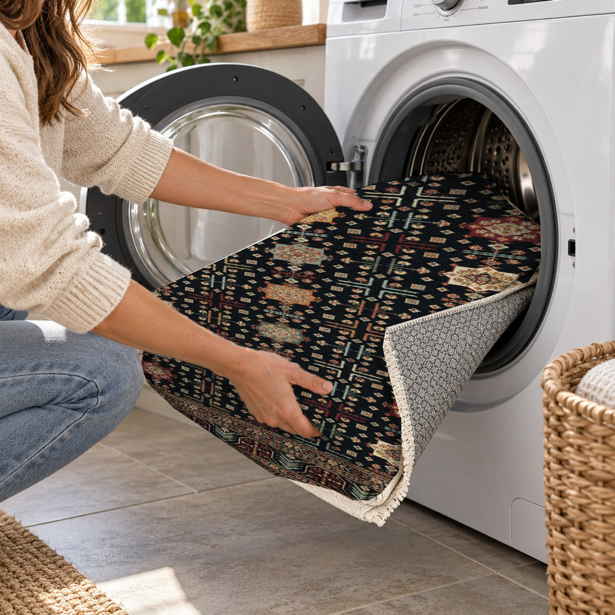 Ornamental Geometric Black Jewel Ethnic Washable Rug — washing machine