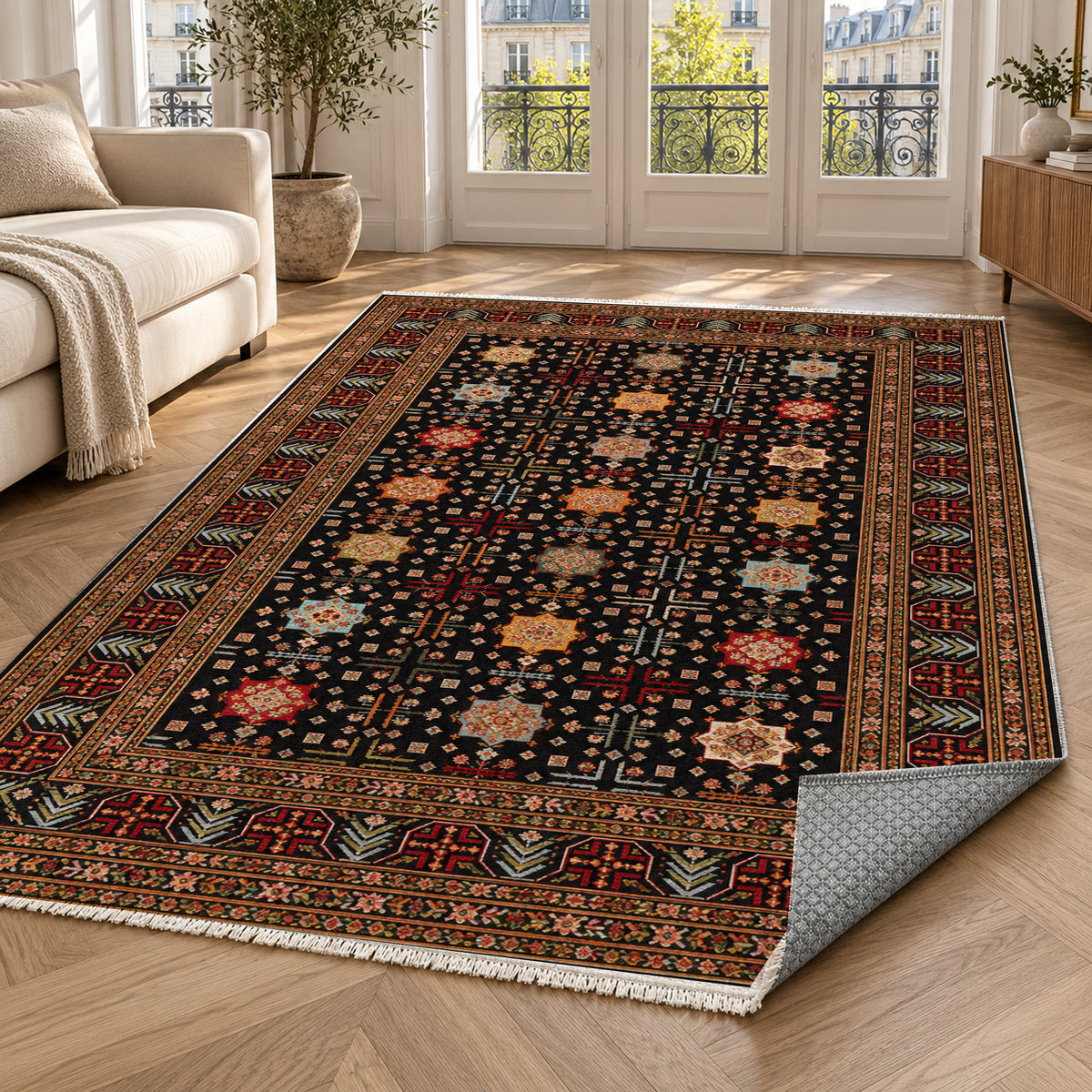 Ornamental Geometric Black Multicolor Ethnic Washable Rug — paris living