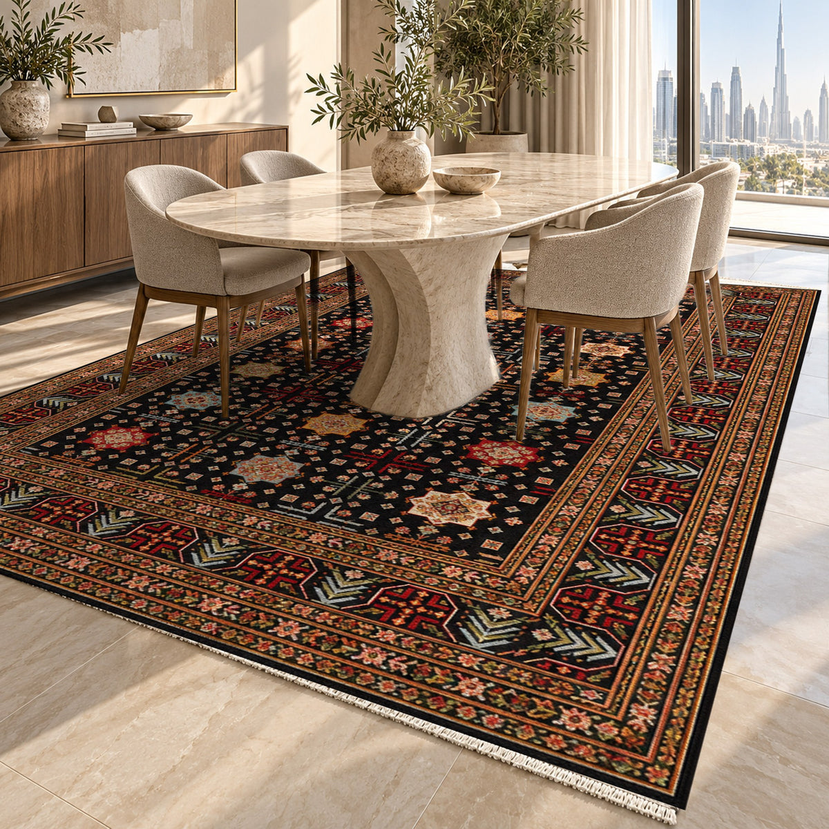 Ornamental Geometric Black Multicolor Ethnic Washable Rug — dubai dining