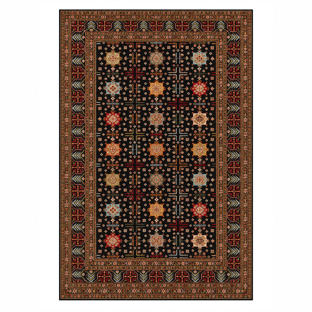 Ornamental Geometric Black Multicolor Ethnic Washable Rug — top view