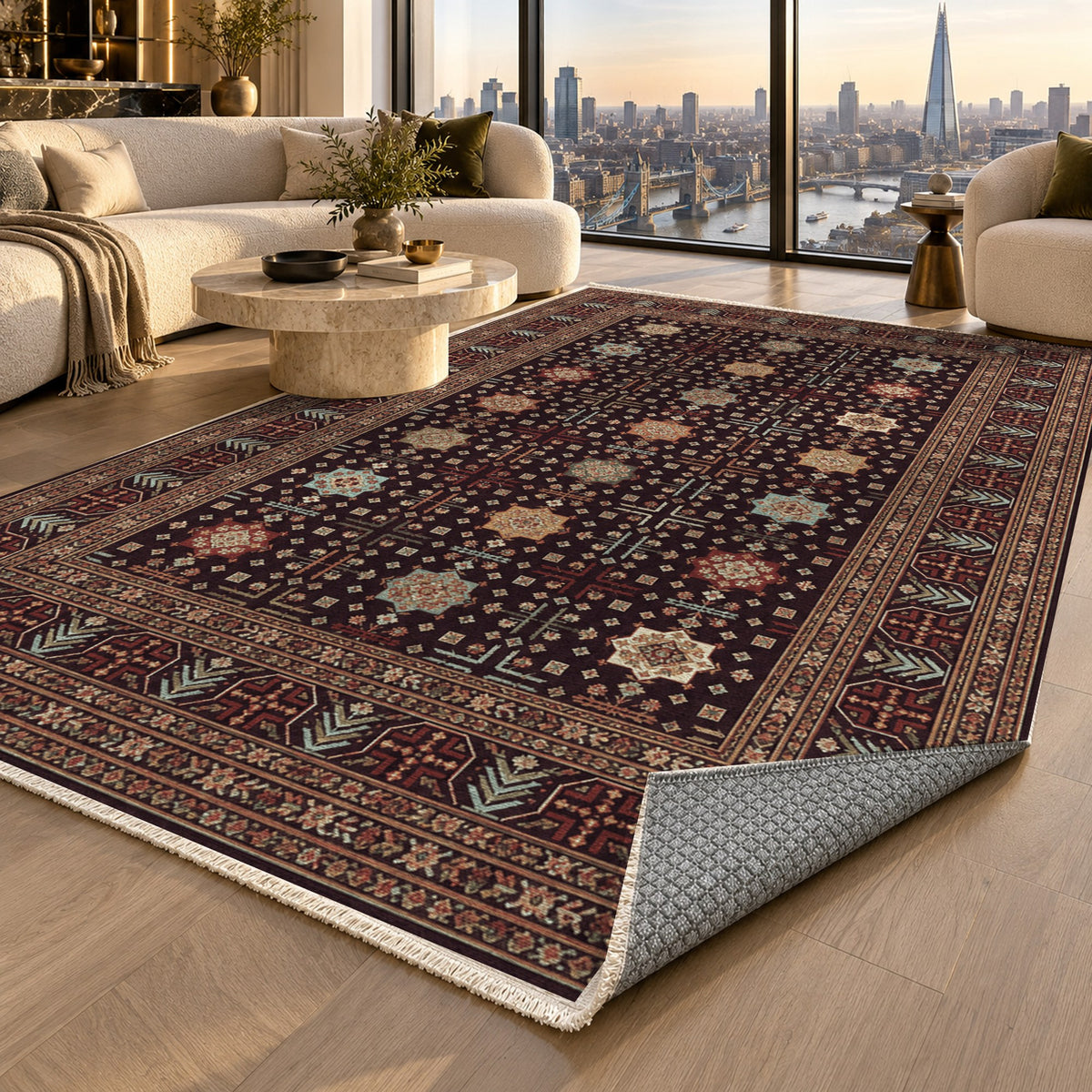 Ornamental Geometric Burgundy Aqua Ethnic Washable Rug — london luxury living
