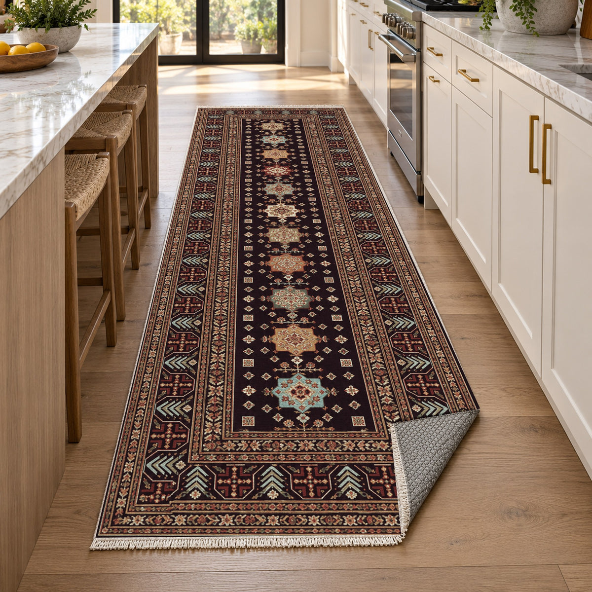 Ornamental Geometric Burgundy Aqua Ethnic Washable Rug — new york kitchen runner