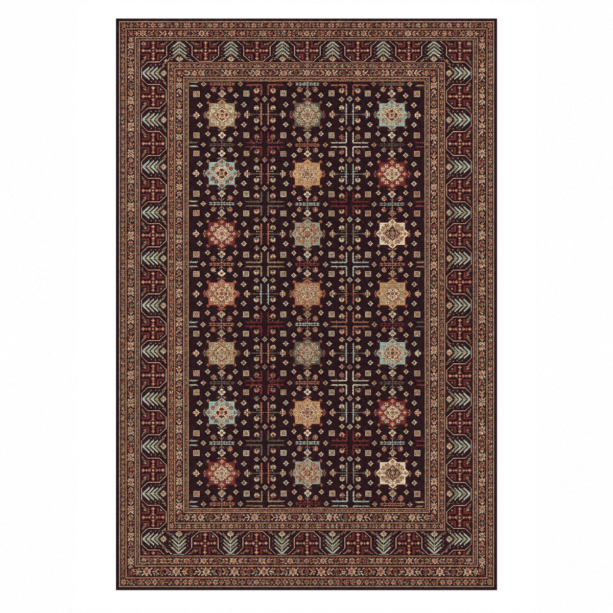 Ornamental Geometric Burgundy Aqua Ethnic Washable Rug — top view