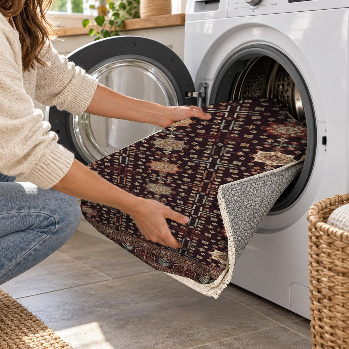 Ornamental Geometric Burgundy Aqua Ethnic Washable Rug — washing machine