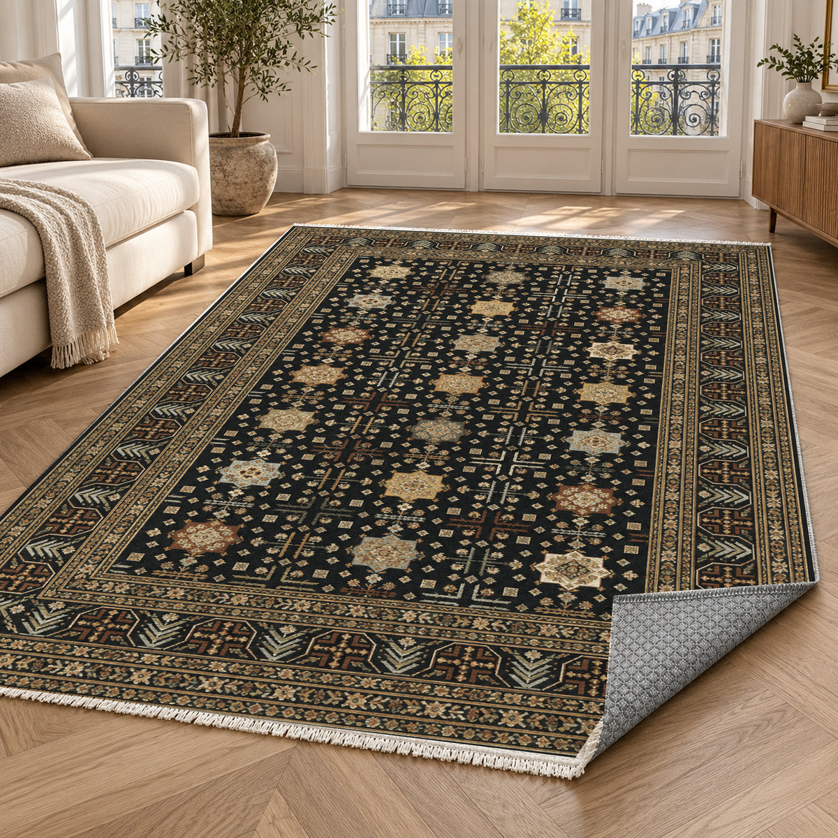 Ornamental Geometric Charcoal Gold Ethnic Washable Rug — paris living