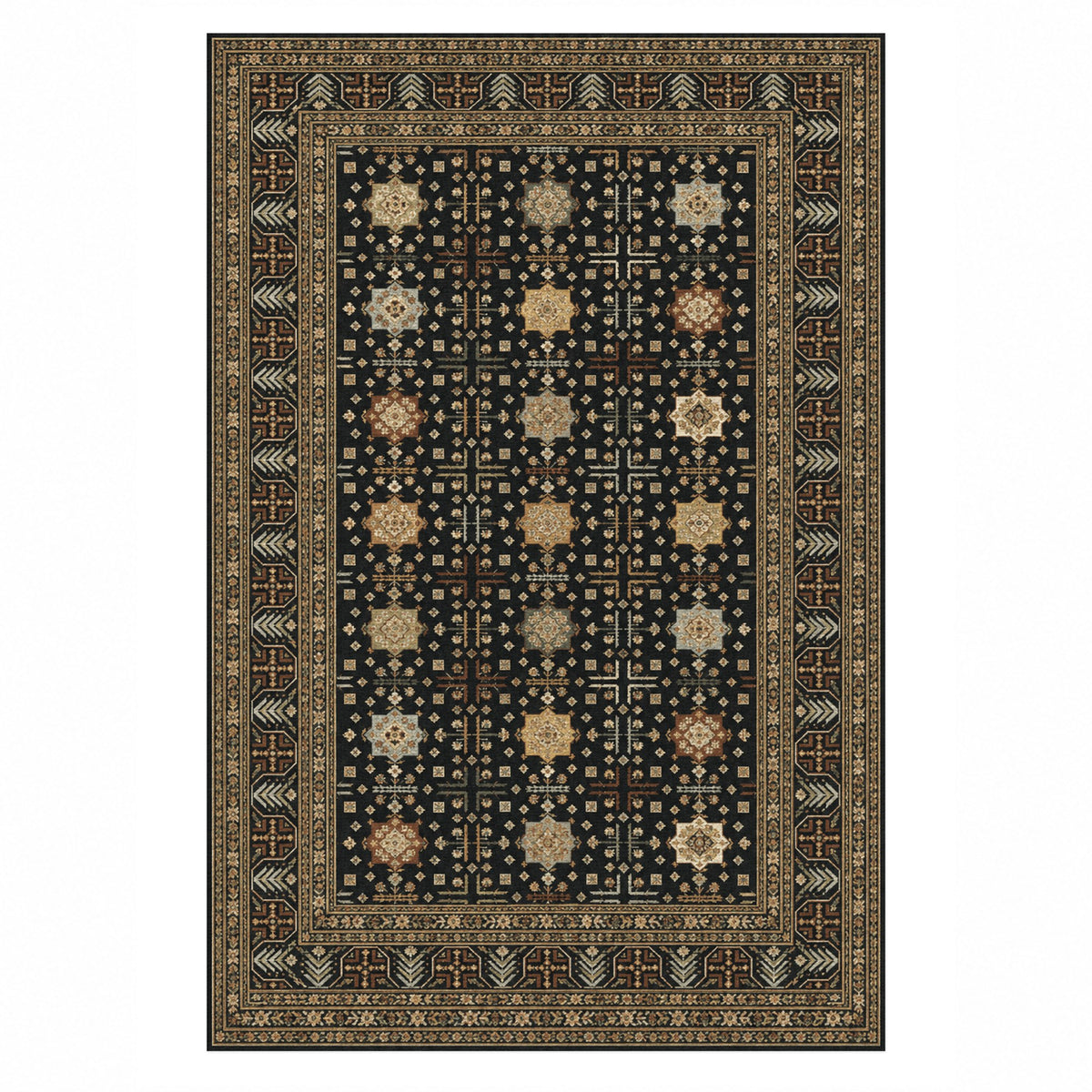 Ornamental Geometric Charcoal Gold Ethnic Washable Rug — top view