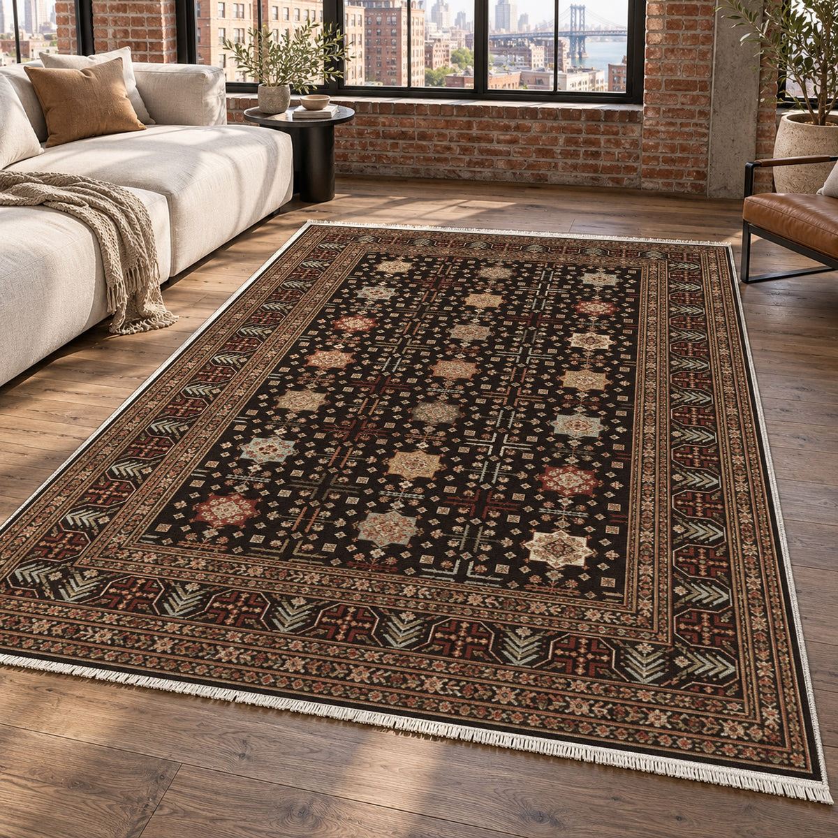 Ornamental Geometric Espresso Cream Ethnic Washable Rug — new york living