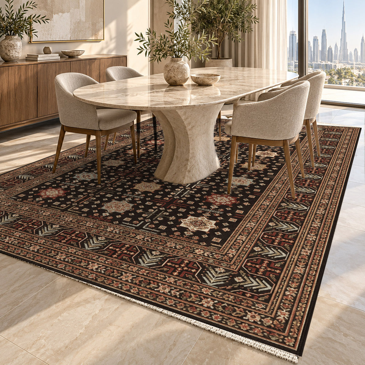 Ornamental Geometric Espresso Cream Ethnic Washable Rug — dubai dining