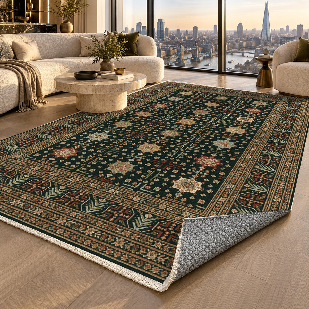 Ornamental Geometric Forest Rust Ethnic Washable Rug — london luxury living