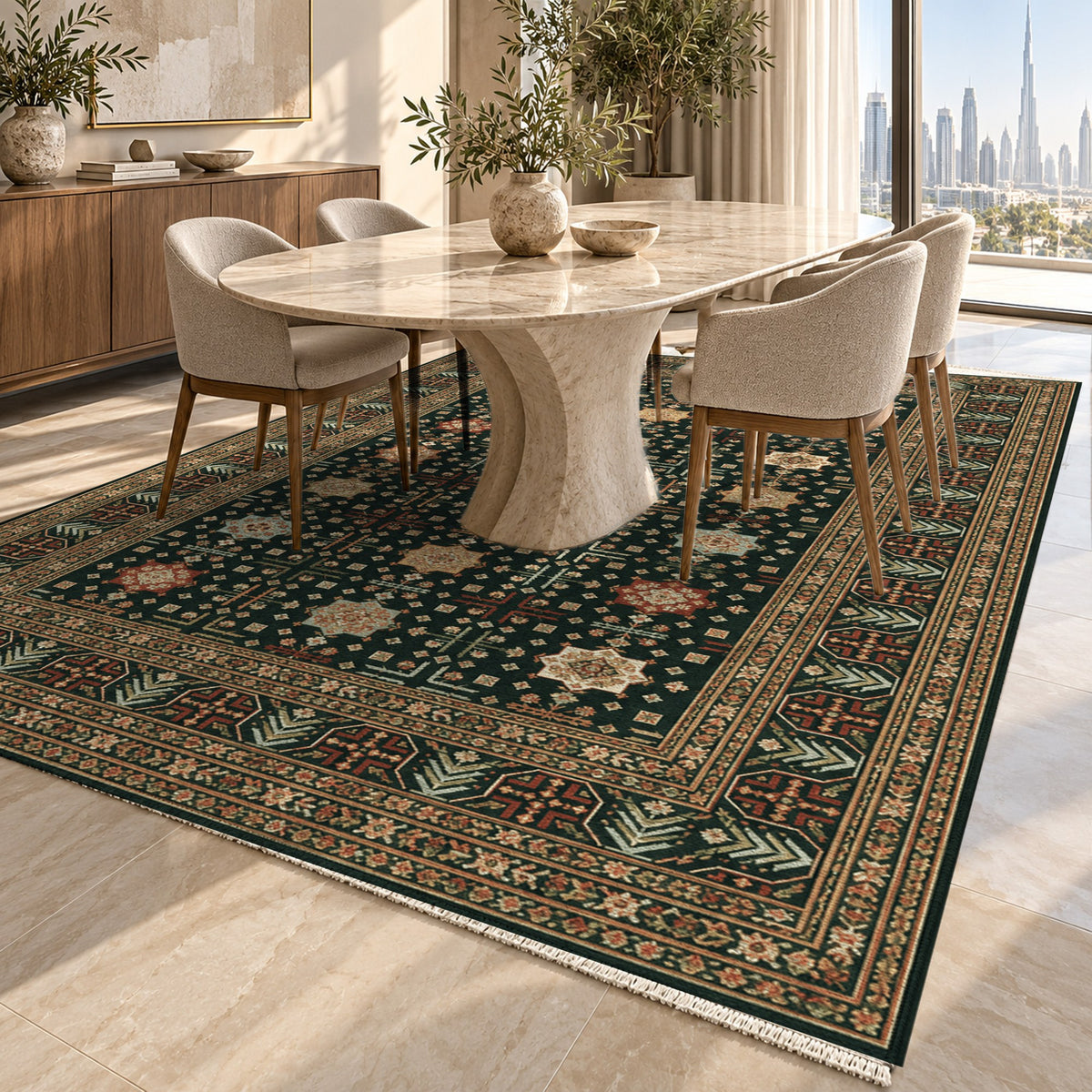 Ornamental Geometric Forest Rust Ethnic Washable Rug — dubai dining