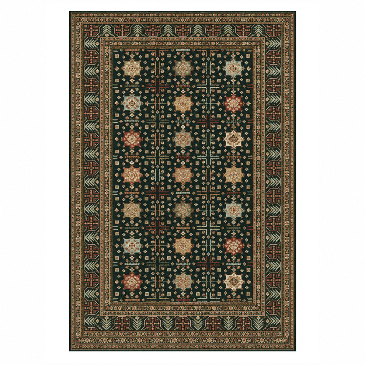 Ornamental Geometric Forest Rust Ethnic Washable Rug — top view