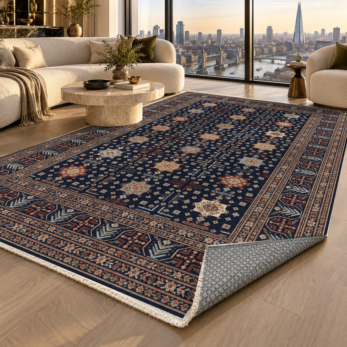 Ornamental Geometric Indigo Terracotta Ethnic Washable Rug — london luxury living