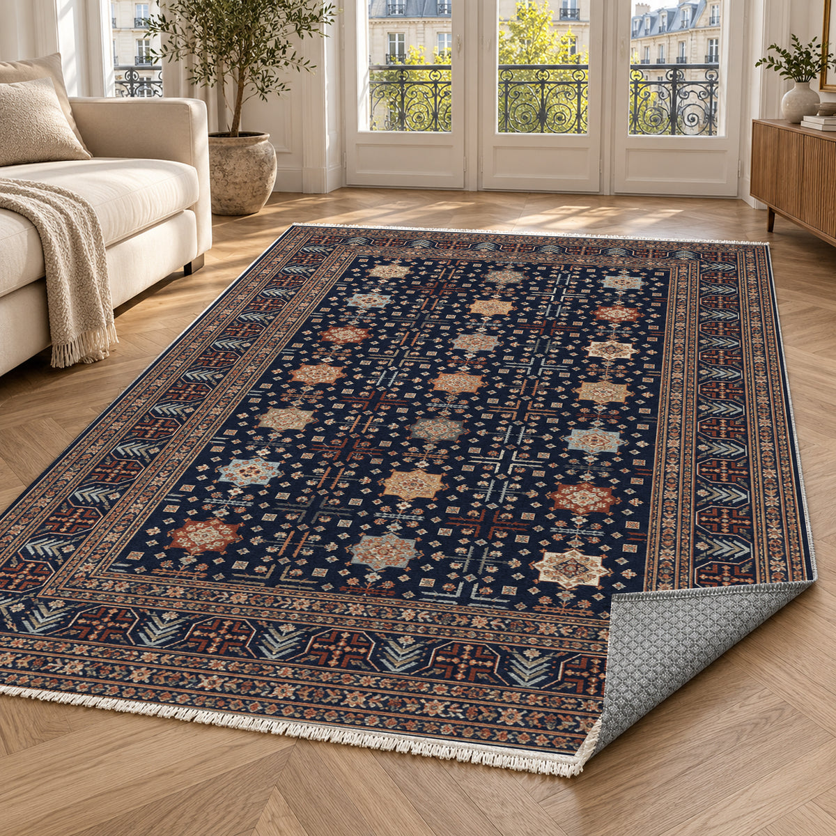 Ornamental Geometric Indigo Terracotta Ethnic Washable Rug — paris living