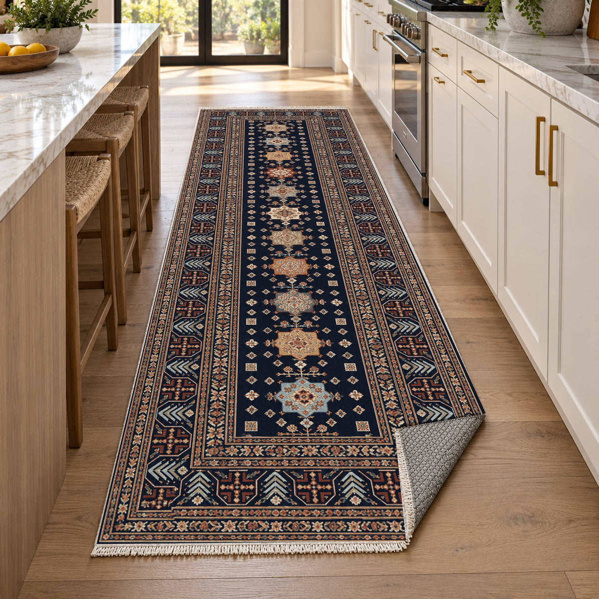 Ornamental Geometric Indigo Terracotta Ethnic Washable Rug — new york kitchen runner