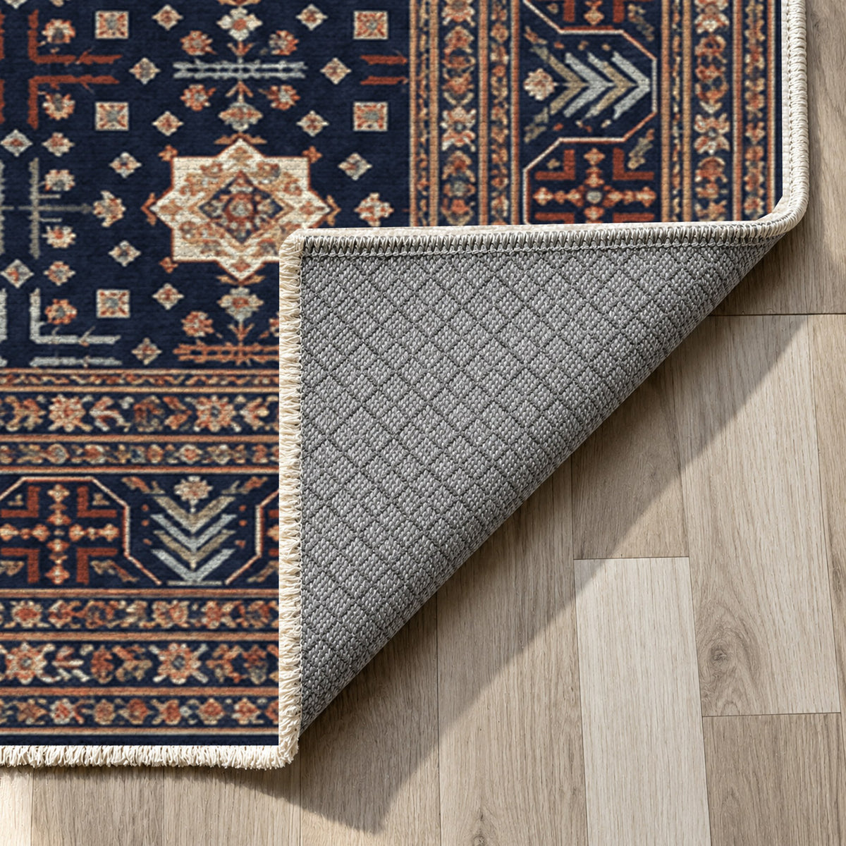 Ornamental Geometric Indigo Terracotta Ethnic Washable Rug — backing close up
