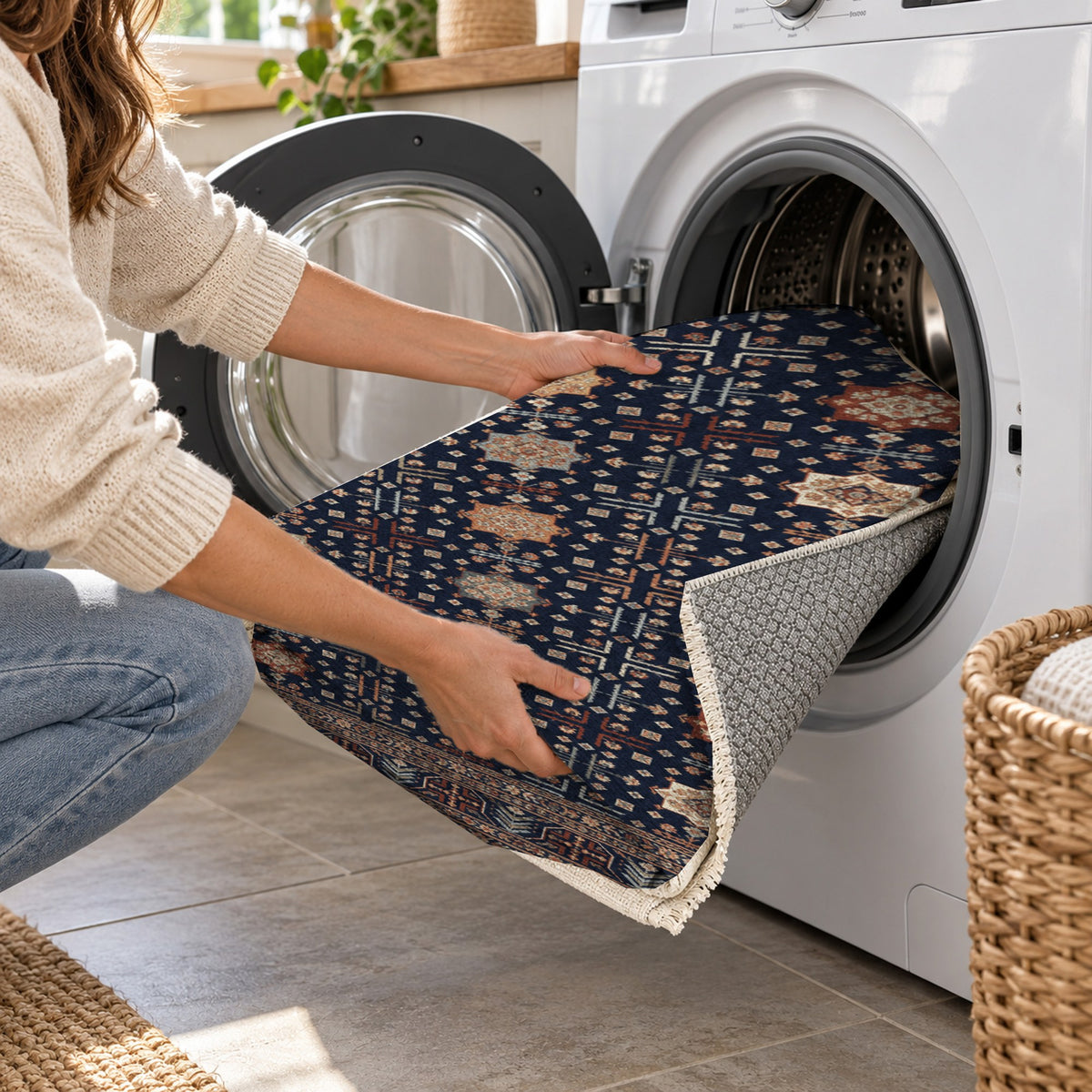 Ornamental Geometric Indigo Terracotta Ethnic Washable Rug — washing machine
