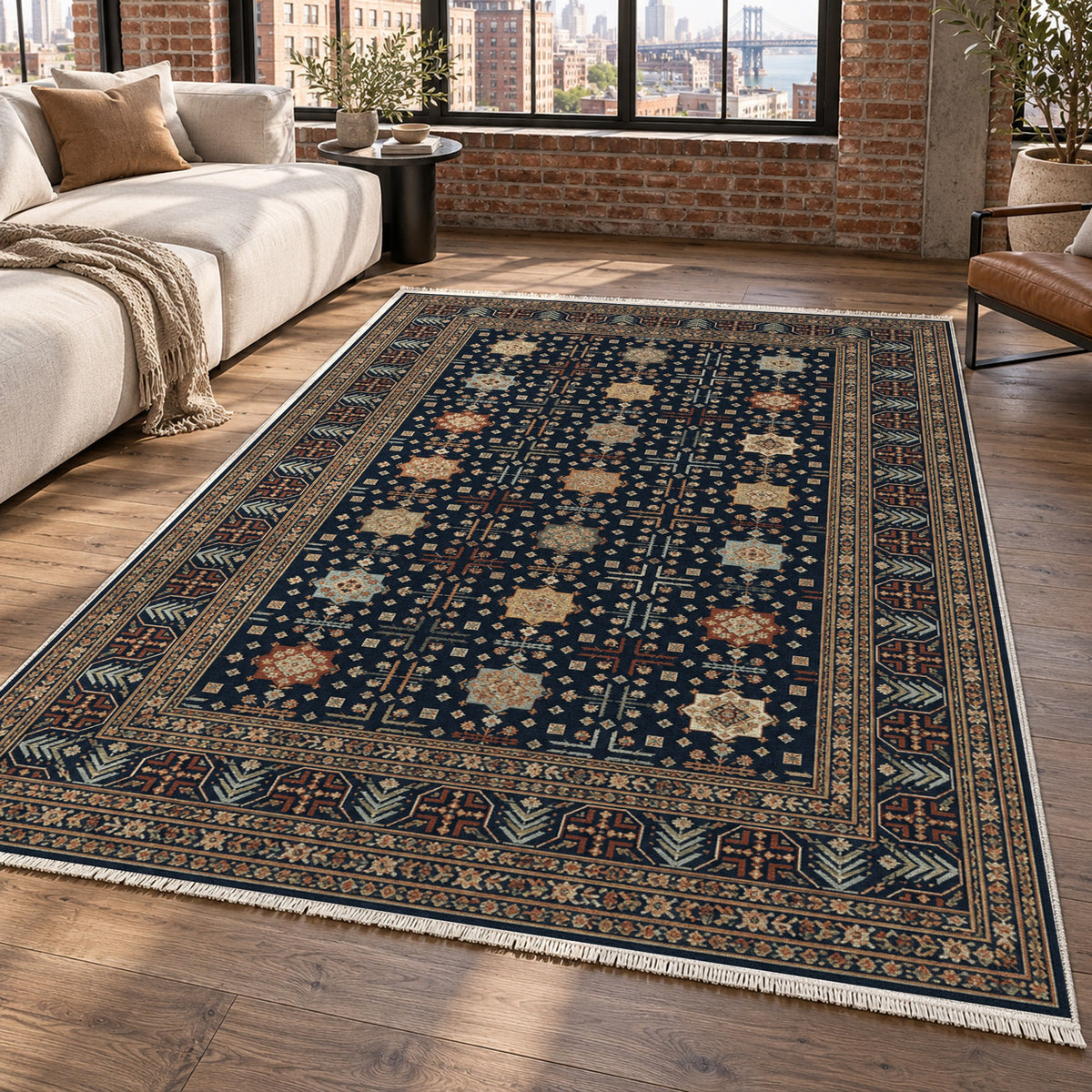 Ornamental Geometric Navy Copper Ethnic Washable Rug — new york living