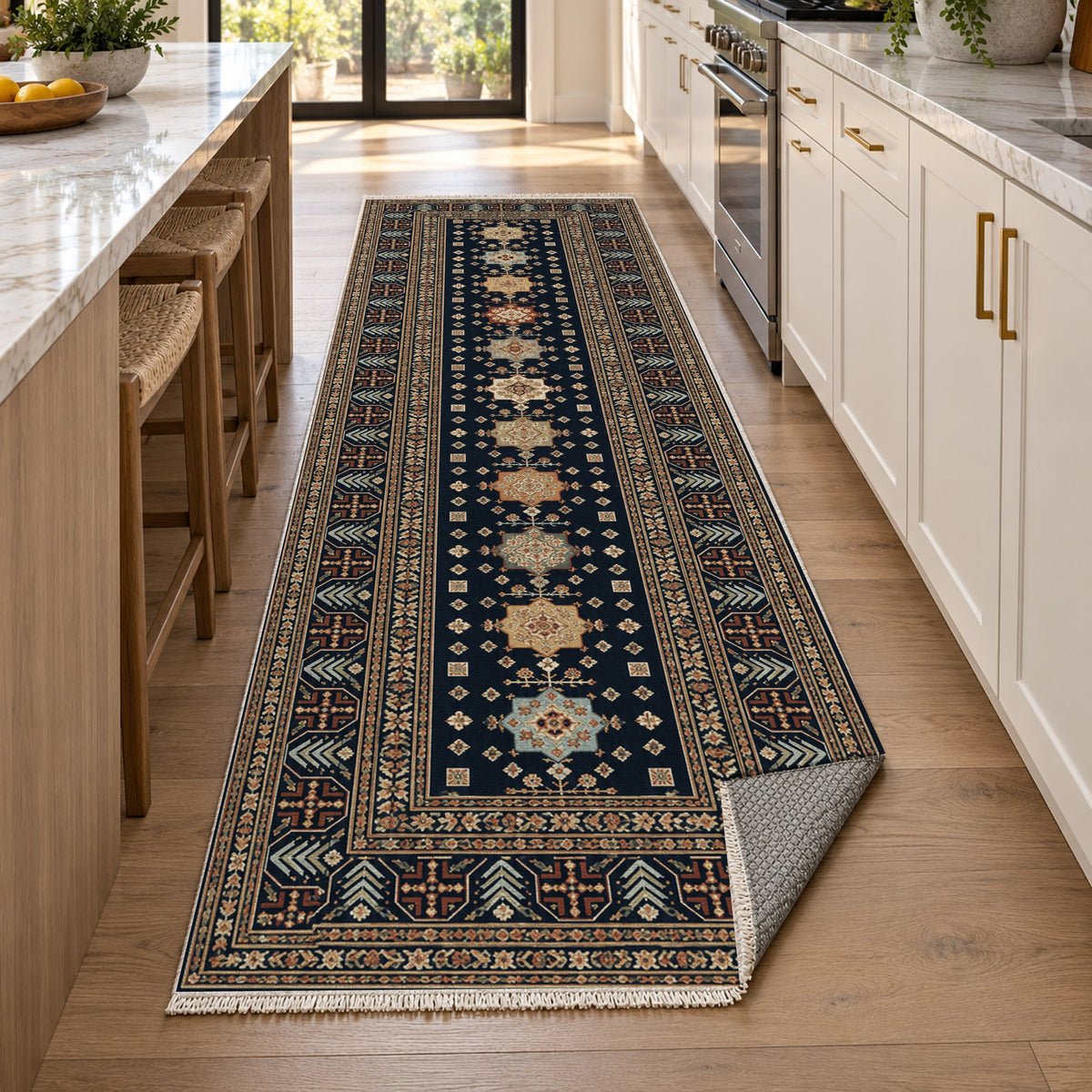 Ornamental Geometric Navy Copper Ethnic Washable Rug — new york kitchen runner