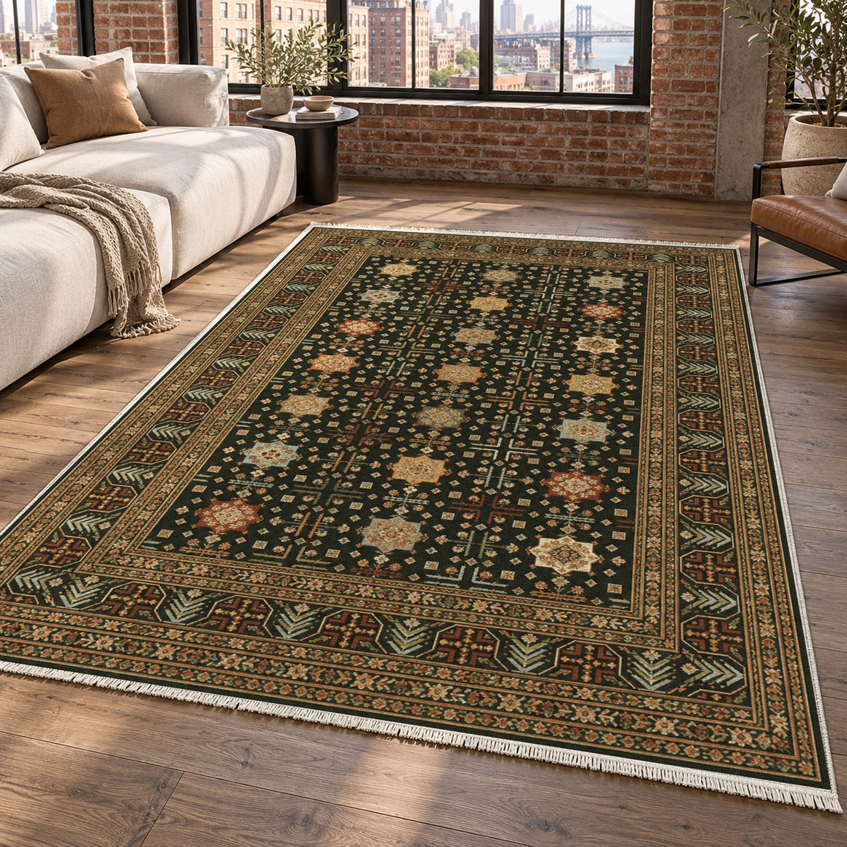 Ornamental Geometric Olive Amber Ethnic Washable Rug — new york living