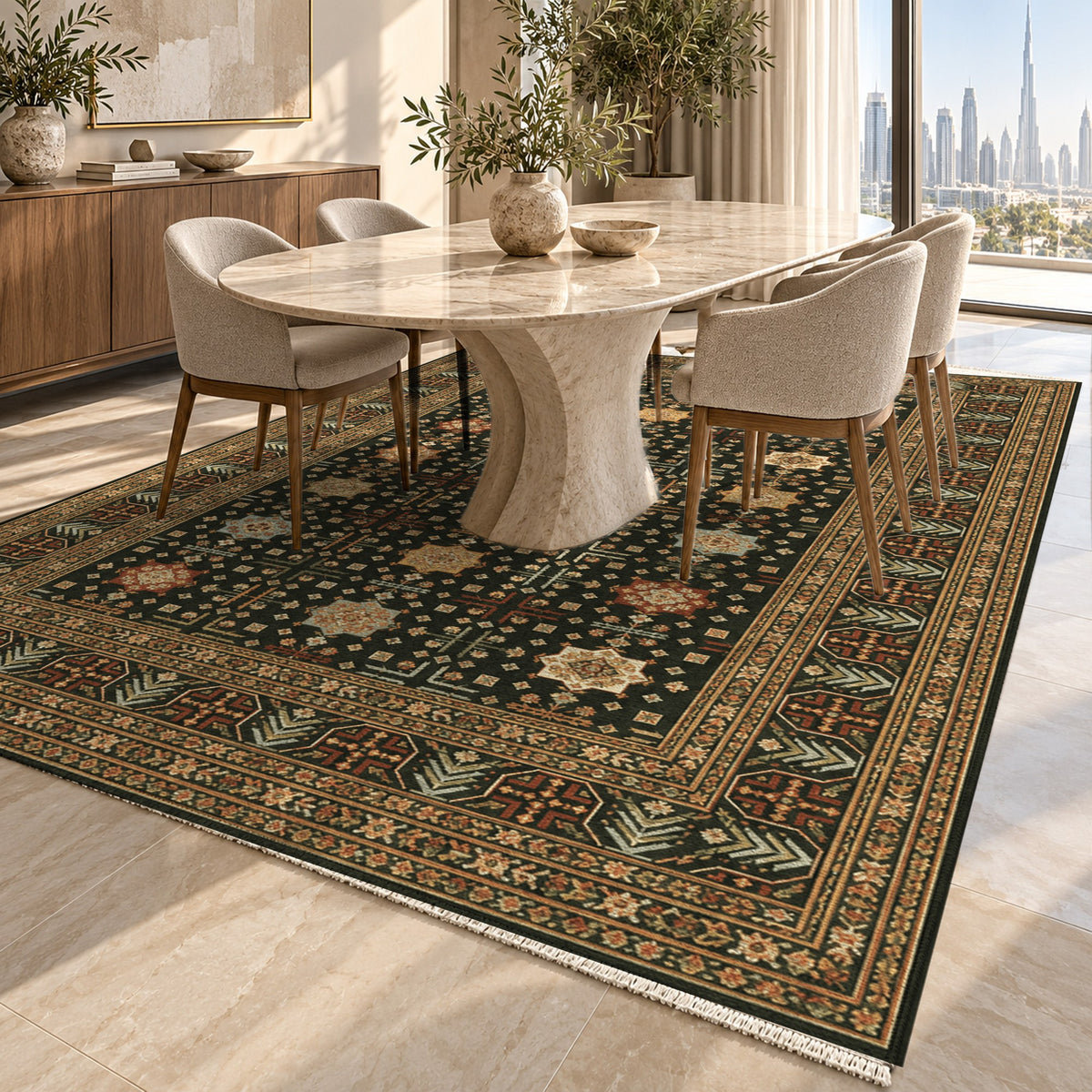 Ornamental Geometric Olive Amber Ethnic Washable Rug — dubai dining