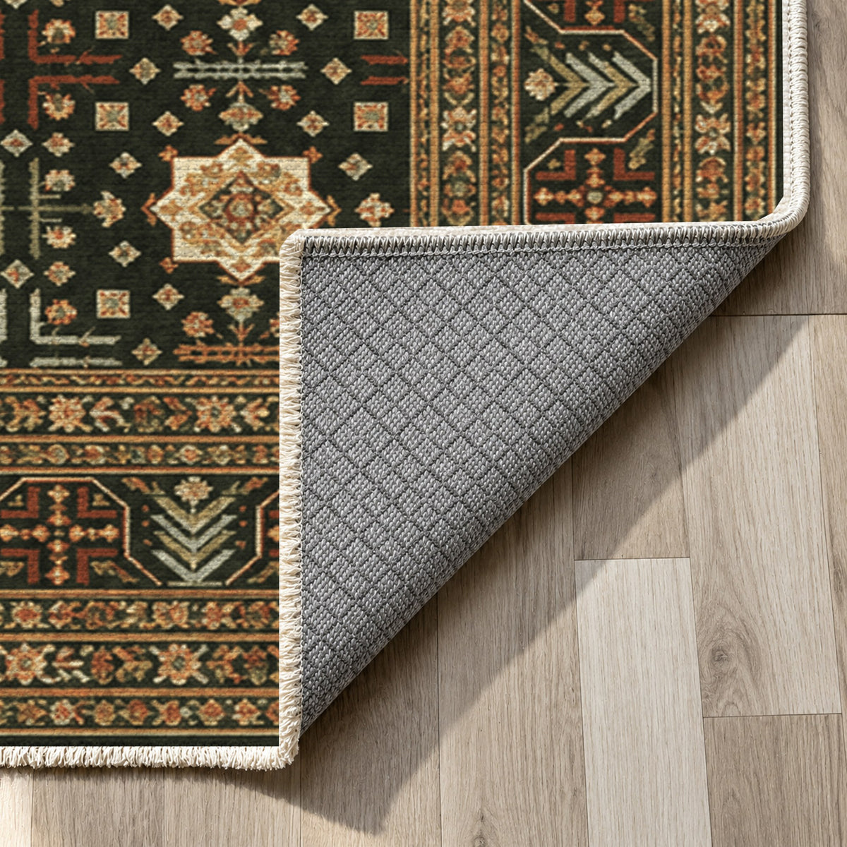 Ornamental Geometric Olive Amber Ethnic Washable Rug — backing close up